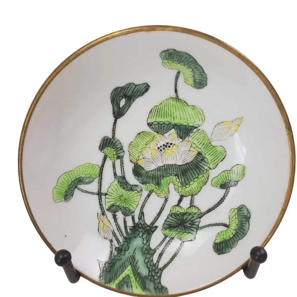 Vintage ACF Japanese Porcelain Ware Bowl Metal Encased 5 3/4” Floral Green MCM